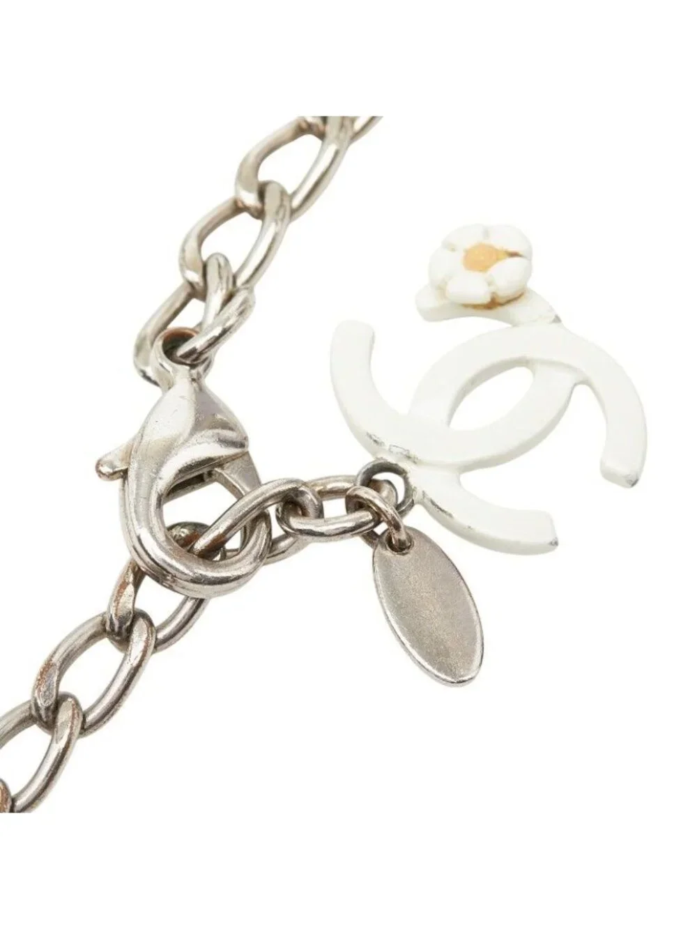 Chanel CC Logo Camellia Motif Necklace Silver White Metal